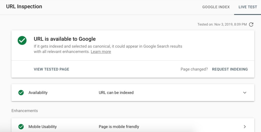 URL Inspection in Google Search Console - Live Test