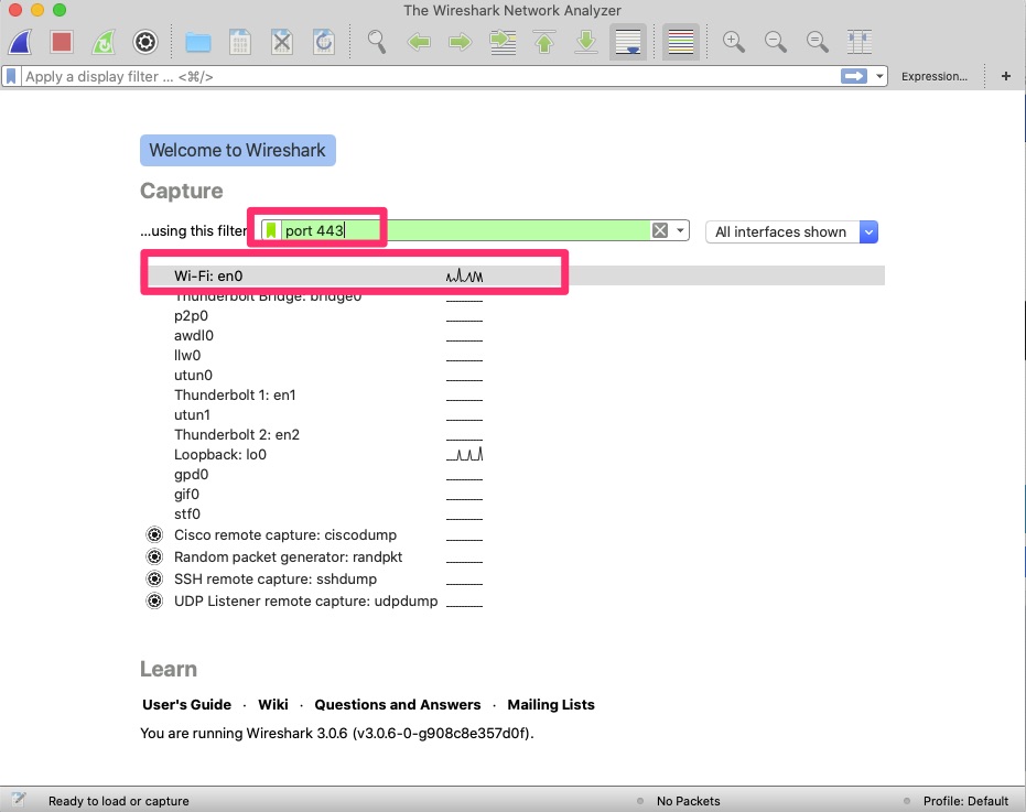 Filter based on port 443 for HTTPS and on the Wi-Fi adapter.