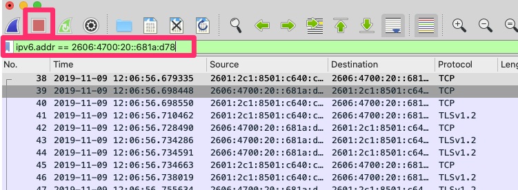 display filter of packet capture - ipv6.addr == 2606:4700:20::681a:d78