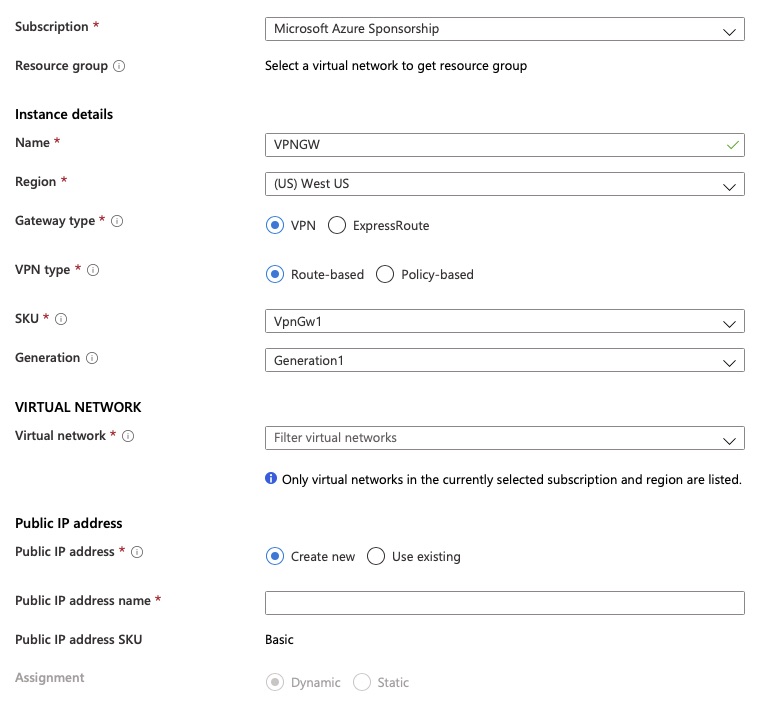 Virtual Network Gateway - Create