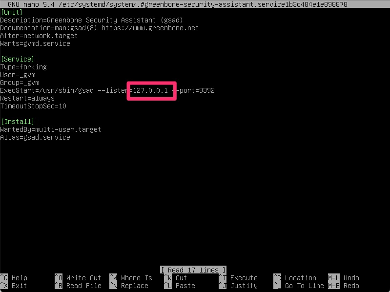 systemctctl edit --full greenbone-security-assistant
